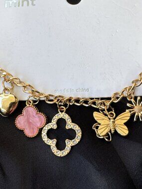 MINT Pink CZ Clover Butterfly Heart Flower Goldtone Dangle Charm Bracelet 8" NEW